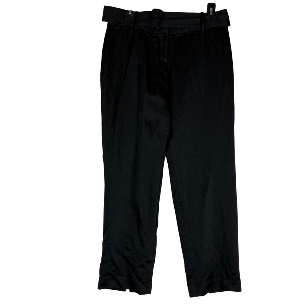 Ann Taylor Satin Belted Dress Pants Womens 4 Black Cropped Slit Hem Party